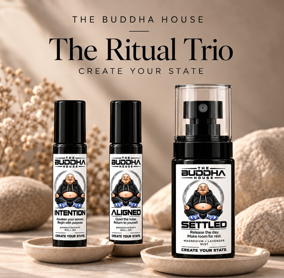 The Ritual Trio: Intention and Aligned roll-ons beside Settled mist on ceramic plates