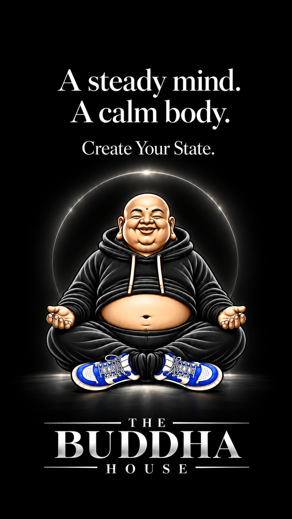 The Buddha House logo: a smiling Buddha in a black hoodie and blue sneakers meditating under a soft halo, with 'A steady mind. A calm body. Create Your State.'