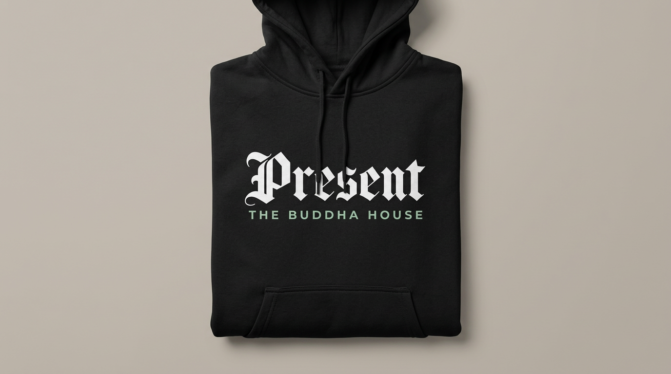 Black hoodie with "Present" in white Old English lettering and "The Buddha House" in powder green beneath